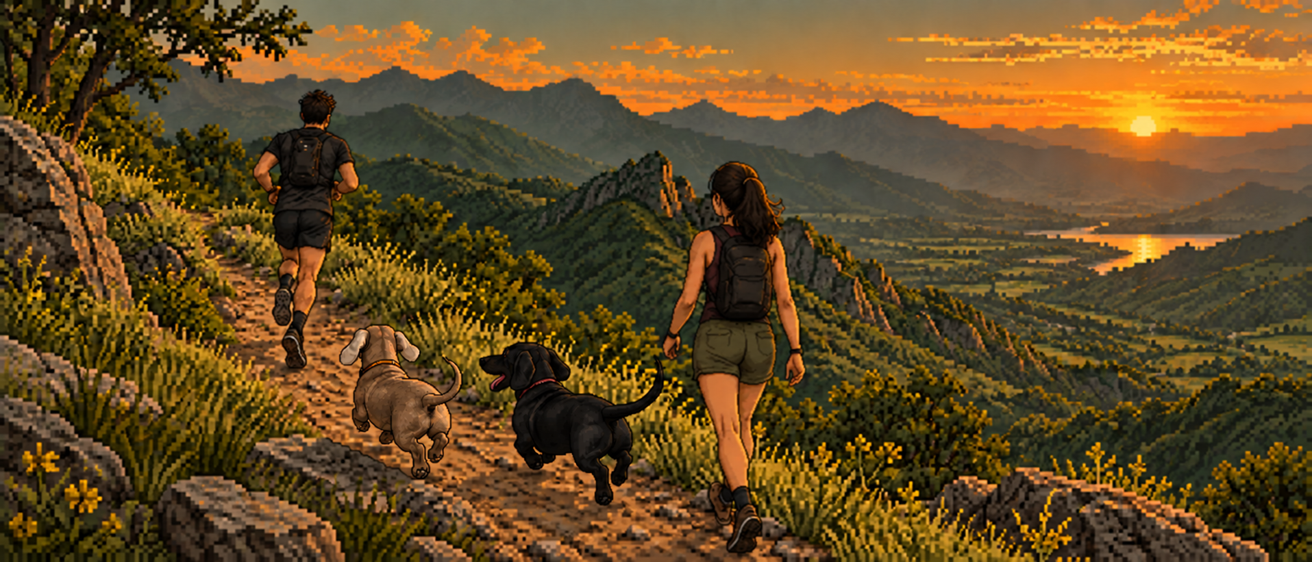 Ilustración pixel art de un corredor y su pareja caminando de espaldas detrás de dos perros salchichas en las montañas